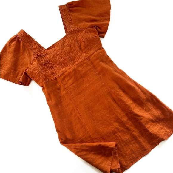 Madewell 100% Linen Square Neck Flutter Sleeve Rust Orange Summer Dress - Picture 1 of 6